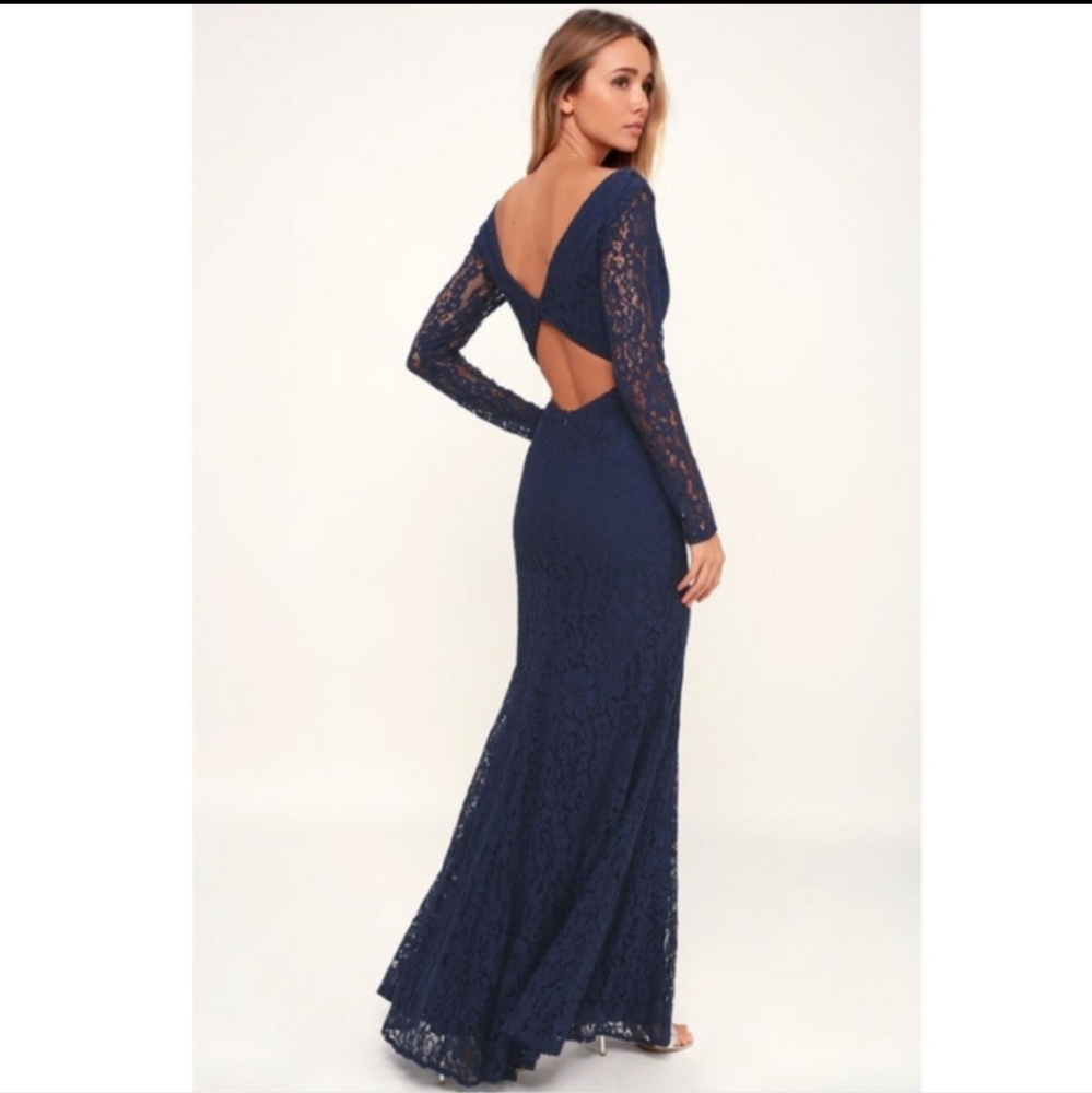 Lulus Navy Blue Lace Long Sleeve Gown